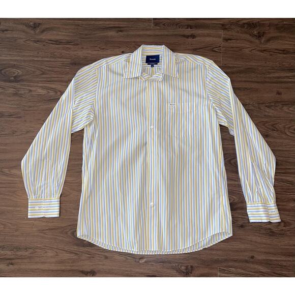Faconnable Dress Shirt Mens Medium Yellow Blue Stripe Classique Long Sleeve - Picture 1 of 7